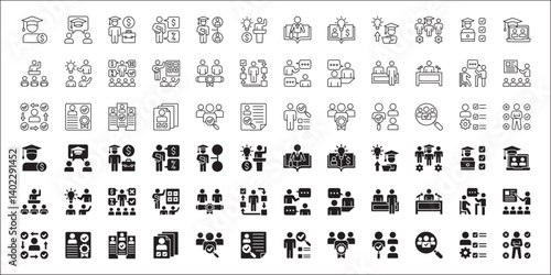Business education icon set. Business employee coaching icons. Contains symbol of management, training, mentoring, expert, qualification, qualified worker, learning, selection. Vector illustration