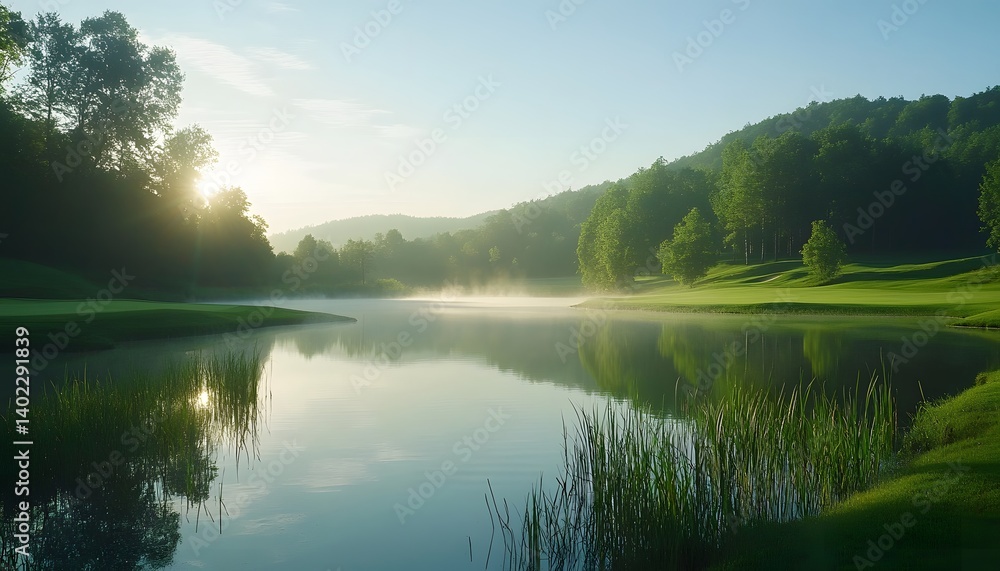 Serene Golf Course Lake at Dawn with Fog and Sunlight, Green Fairway, Natural Landscape Serene Golf Course Lake at Dawn with Fog and Sunlight, Green Fairway, Natural Landscape
