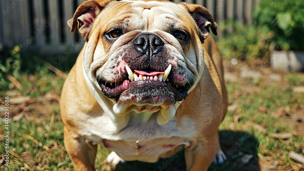 Friendly bulldog stands in yard on sunny day, exposing teeth, tongue, and wrinkled face, ready for a playful romp Friendly bulldog stands in yard on sunny day, exposing teeth, tongue, and wrinkled face, ready for a playful romp