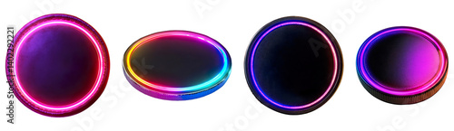 Set of a coin with dark neon light effect isolated on transparent background