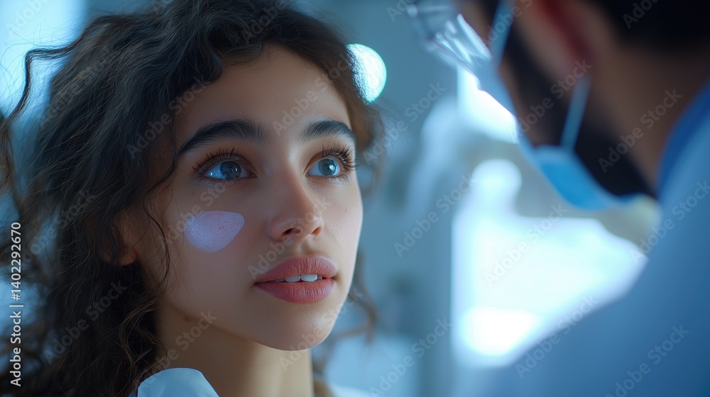 Young woman with facial treatment. Medical professional examines