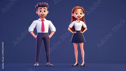 Cartoon business man and woman standing.