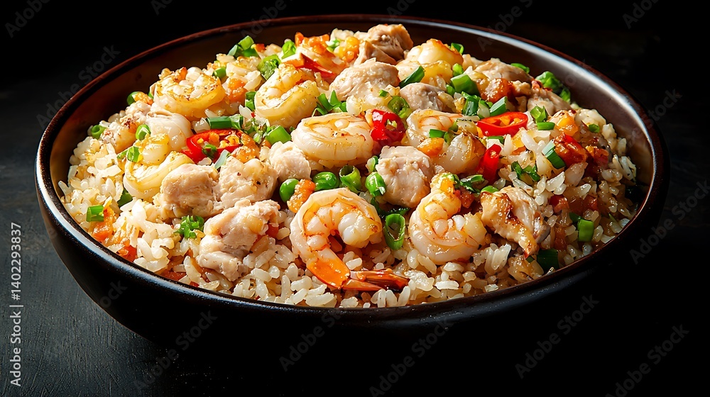 Fried Rice with Shrimp and Vegetables – Asian Cuisine in Black Bowl Fried Rice with Shrimp and Vegetables – Asian Cuisine in Black Bowl