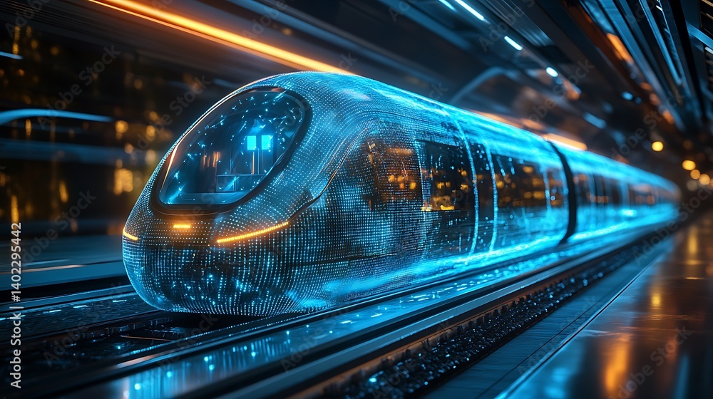 Futuristic High-Speed Train with Neon Blue Wireframe in Modern Tunnel Futuristic High-Speed Train with Neon Blue Wireframe in Modern Tunnel