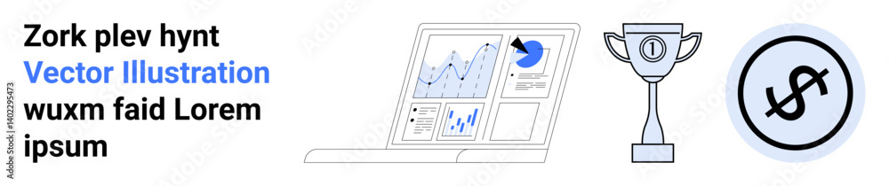 Laptop displaying analytics graphs, trophy symbolizing success, and a financial dollar circle. Ideal for business strategy, financial success, achievement, data analytics, digital marketing Laptop displaying analytics graphs, trophy symbolizing success, and a financial dollar circle. Ideal for business strategy, financial success, achievement, data analytics, digital marketing