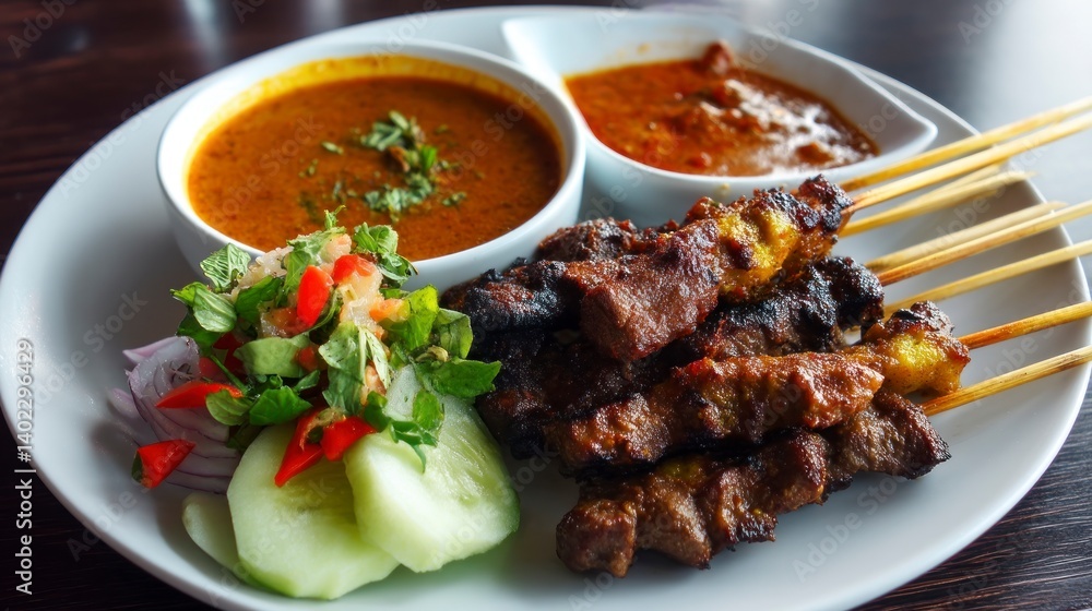 Serving of Grilled Satay Skewers with Peanut Sauce and Fresh Salad Serving of Grilled Satay Skewers with Peanut Sauce and Fresh Salad