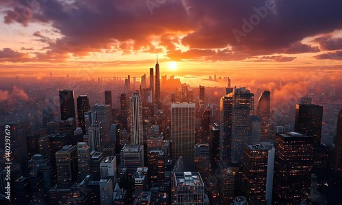 Wallpaper Mural Breathtaking Sunset Over Skyscrapers Illuminating the Vibrant Cityscape with Clouds and Golden Hues in the Heart of Urban Metropolis Torontodigital.ca