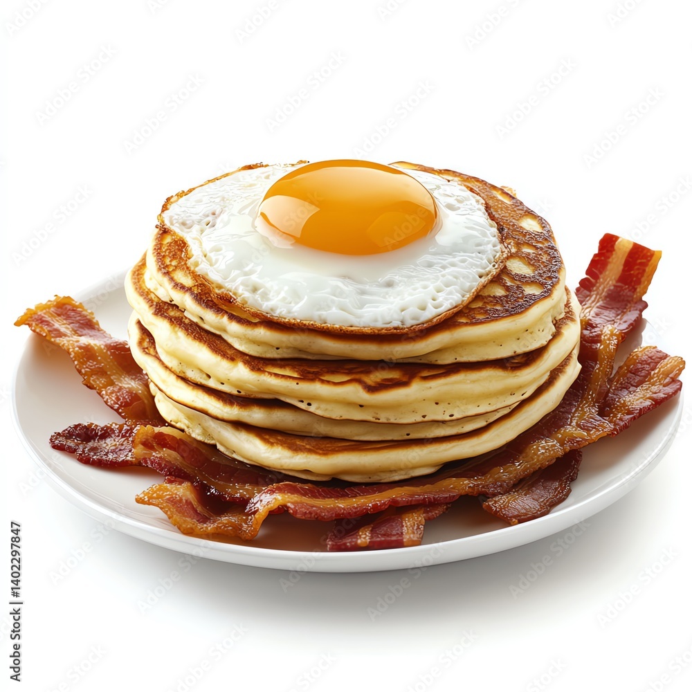 Delicious pancakes, crispy bacon, and a sunny-side-up egg create a perfect breakfast feast. Delicious pancakes, crispy bacon, and a sunny-side-up egg create a perfect breakfast feast.