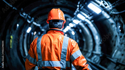 Fototapeta Naklejka Na Ścianę i Meble -  confined space specialist wearing orange safety helmet and reflective jacket stands dimly lit tunnel, showcasing importance