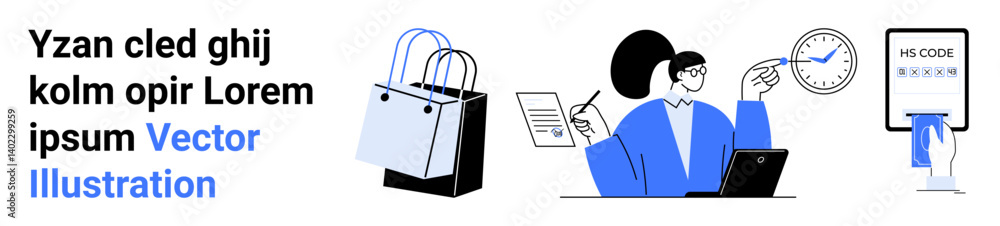Woman working on laptop, analyzing data, handling shopping bags, and reviewing a clock and barcode. Ideal for e-commerce, online shopping, retail business, time management, analytics productivity Woman working on laptop, analyzing data, handling shopping bags, and reviewing a clock and barcode. Ideal for e-commerce, online shopping, retail business, time management, analytics productivity