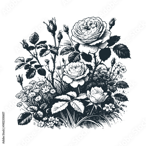 Rose flowers bouquet with leaves and buds - black and white vector illustration