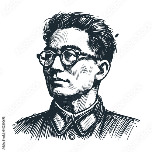 Taiwan Nationalist Man 1940s - Black and White Vector Illustration