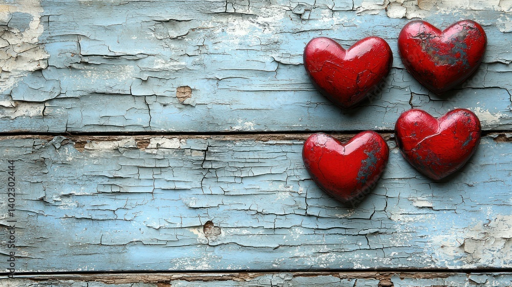 Romantic Red Hearts on Rustic Blue Wooden Background Romantic Red Hearts on Rustic Blue Wooden Background