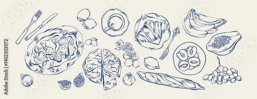Mediterranean food and fruit hand drawn sketch vintage style set with pizza, croissant, baguette, fig, lemon, grape, utensils. For culinary design, branding, menu, packaging. Rustic vector ink drawing