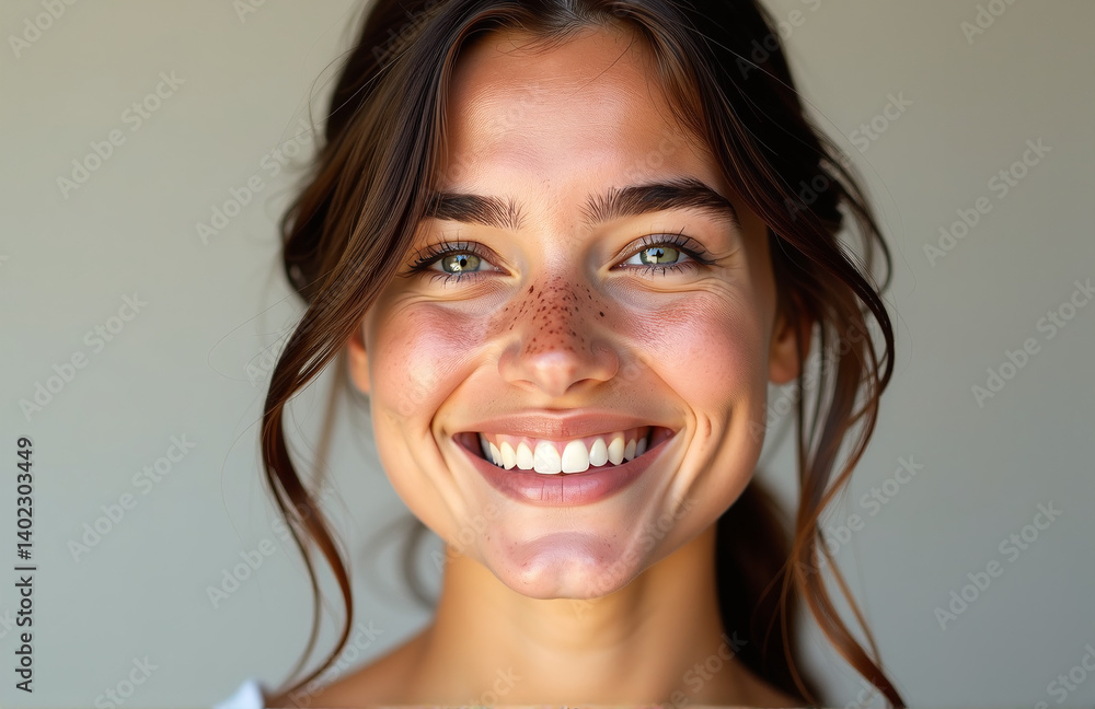 A Young Woman With Radiant Skin And Freckles Radiates A Warm Smile, Exemplifying Genuine Natural Beauty That Shines Through. A Young Woman With Radiant Skin And Freckles Radiates A Warm Smile, Exemplifying Genuine Natural Beauty That Shines Through.