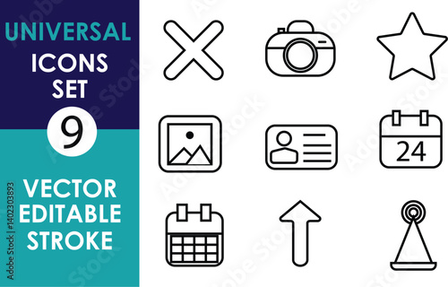 Universal icon set featuring cancel, camera, star, image, ID card, calendar date, full calendar, upward arrow, and signal tower. Vector editable stroke design