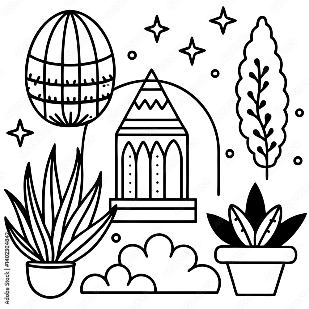 Minimal Bohemian Garden Vector Set on White Background Minimal Bohemian Garden Vector Set on White Background
