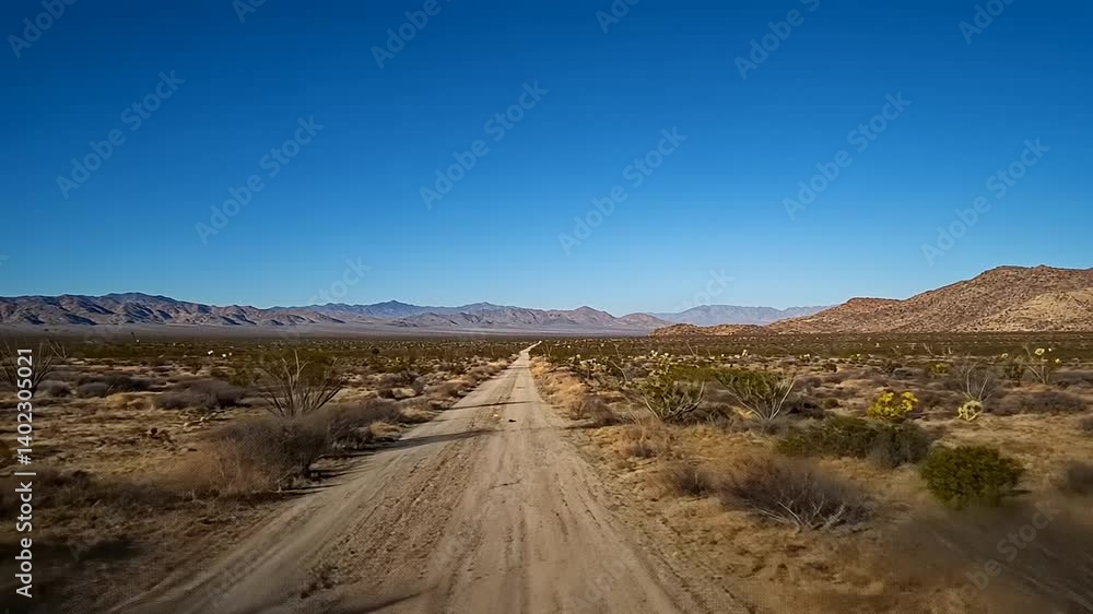 Dusty desert road stretching into the horizon under a clear blue sky with distant mountains Dusty desert road stretching into the horizon under a clear blue sky with distant mountains