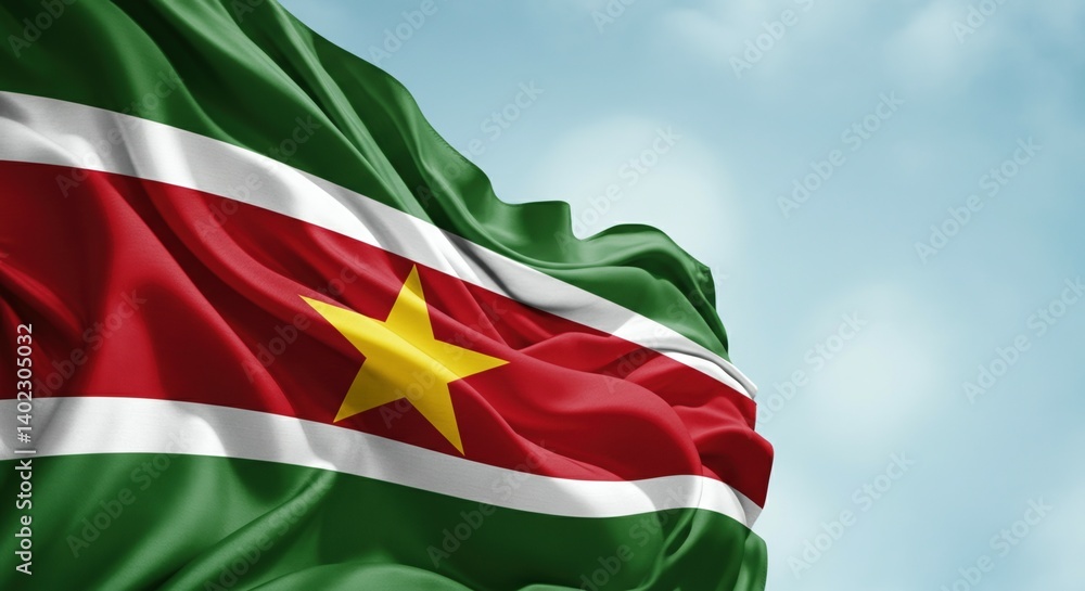 Suriname flag waving in the breeze under a clear blue sky during daylight Suriname flag waving in the breeze under a clear blue sky during daylight