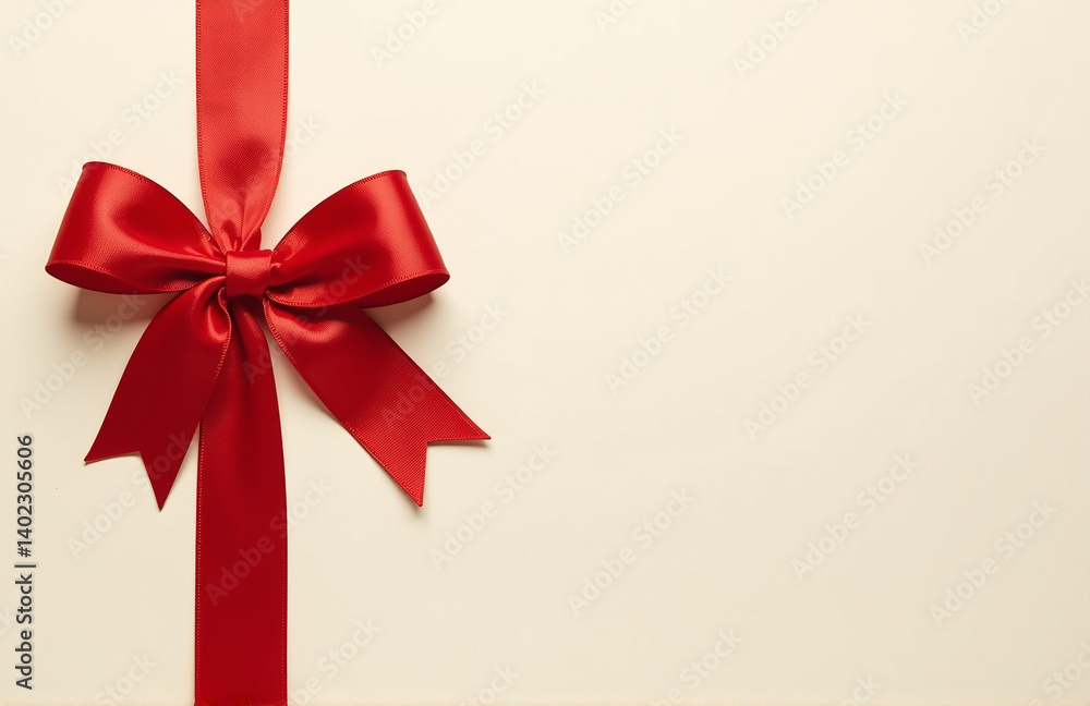 Beautiful Vertical Red Ribbon Bow Adorns A Soft Cream Background, Perfect For Gift Wrapping And Festive Holiday Celebrations. Beautiful Vertical Red Ribbon Bow Adorns A Soft Cream Background, Perfect For Gift Wrapping And Festive Holiday Celebrations.