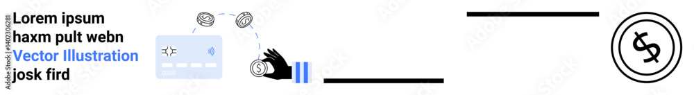 Hand interacting with a slider next to UI components, abstract dollar coin, and dashed lines. Ideal for financial tools, UIUX, digital interfaces, transactions, fintech, minimalism abstract line