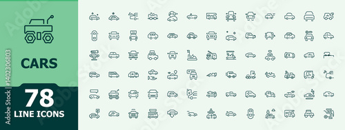 Cars modern icon set. Containing automobile, car, transport, vehicle and more. Minimalist vector collections. Taxi simple icon set. Conceptual pictogram and infographic.