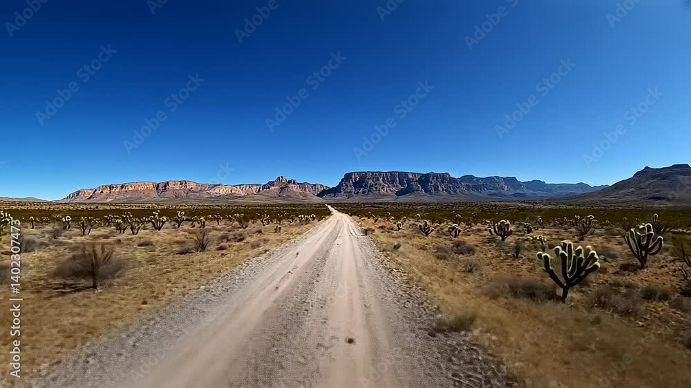 Dusty road winding through arid desert landscape with mountains in the background under clear blue sky Dusty road winding through arid desert landscape with mountains in the background under clear blue sky