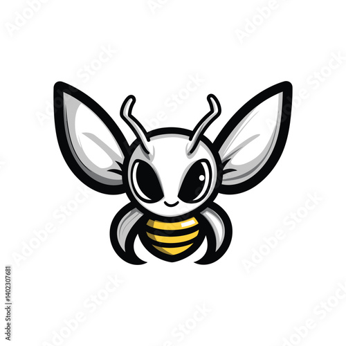 Cute cartoon bee mascot with big eyes and white wings