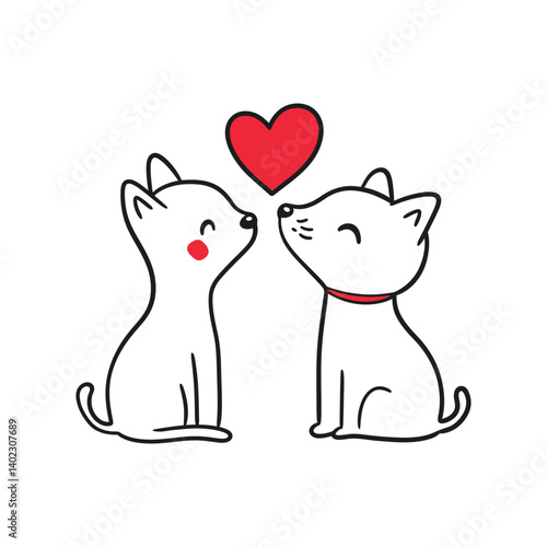 Two cute cats in love with a red heart above their heads