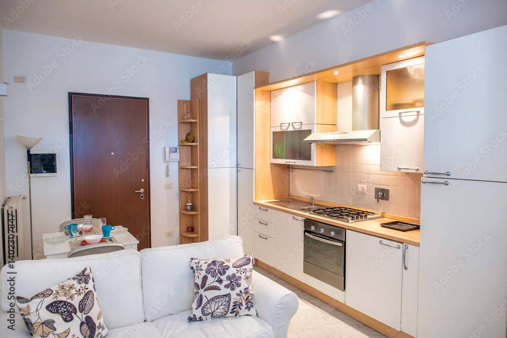 One-room bed and breakfast apartment, white interior design, open space: kitchen with dining table, living room with sofa