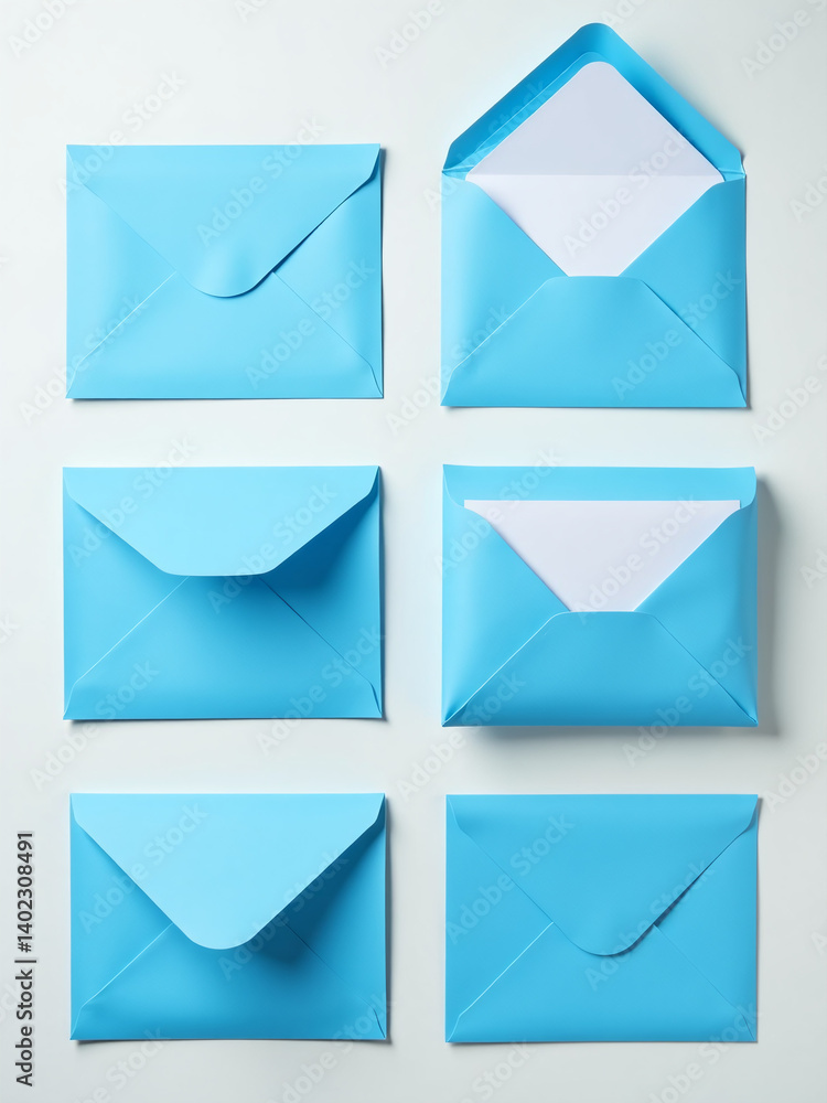 Blue Envelopes In Various States Of Opening Sit Against A Plain White Surface For Easy Composition Or Design Flexibility. Blue Envelopes In Various States Of Opening Sit Against A Plain White Surface For Easy Composition Or Design Flexibility.