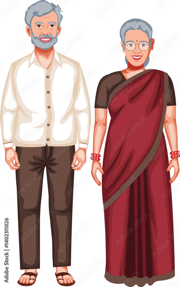 Obraz premium Indian Old Couple Standing Character Vector Illustration (Royalty Free)