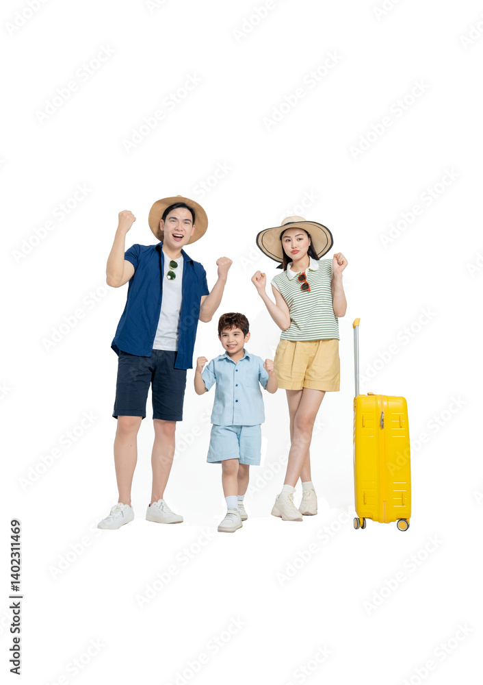Full body photo of Asian family wearing travel clothes, travel suitcase posing, background removed
Full body photo of Asian family wearing travel clothes, travel suitcase posing, background removed