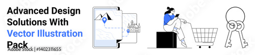 Mobile map with icon, buyer scrolling phone, shopping cart, and key represent navigation, e-commerce, real estate, and convenience. Ideal for design, technology business marketing finance