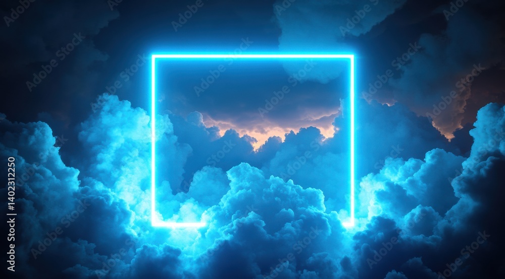 Luminous blue neon square surrounded by dramatic clouds and moody atmosphere Luminous blue neon square surrounded by dramatic clouds and moody atmosphere
