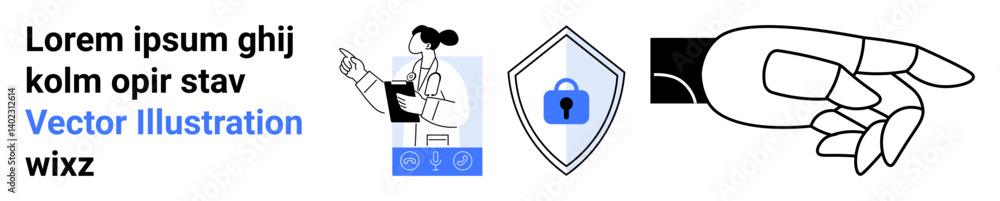 Woman presenting data insights shield with lock icon robotic hand pointing forward. Ideal for cybersecurity, AI innovation, business solutions, data protection, futurism, technology trends, flat Woman presenting data insights shield with lock icon robotic hand pointing forward. Ideal for cybersecurity, AI innovation, business solutions, data protection, futurism, technology trends, flat