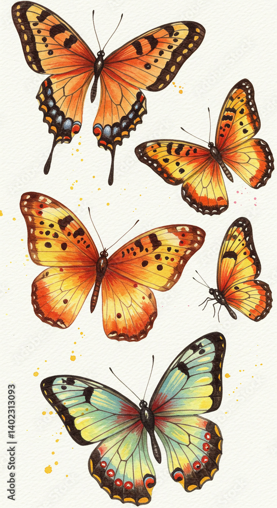 Pattern featuring diverse orange butterfly species on white. Vertical mobile wallpaper design with repeating insect motif. Pattern featuring diverse orange butterfly species on white. Vertical mobile wallpaper design with repeating insect motif.