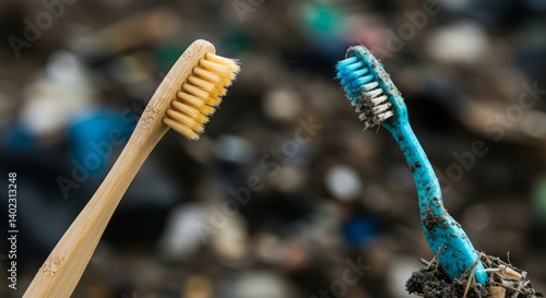 Comparing sustainable bamboo toothbrush with discarded plastic toothbrush on landfill highlighting environmental impact and choices for eco friendly living