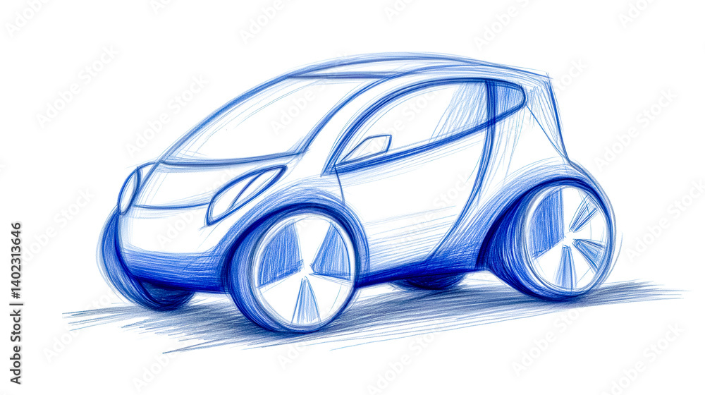 Blue pencil sketch of a compact electric car design Blue pencil sketch of a compact electric car design