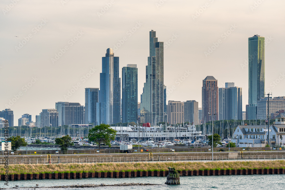 Downtown Chicago skyscrapers at sunset