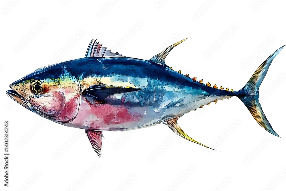 Fototapeta premium Watercolor illustration of tuna fish on white background
