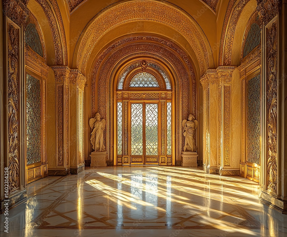 Obraz premium Golden door glows in marble hallway, myth carvings and suspended dust shimmer in warm classical light isolated on transparent background