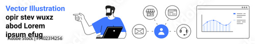 Man with laptop pointing at connected icons, including email, contact, shop, analytics chart. Ideal for business strategy, marketing, networking, team collaboration communication digital growth