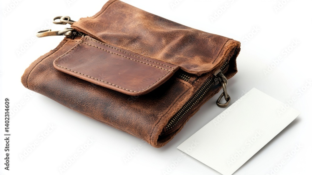 Handcrafted leather bag with notepad against white background product shot Handcrafted leather bag with notepad against white background product shot