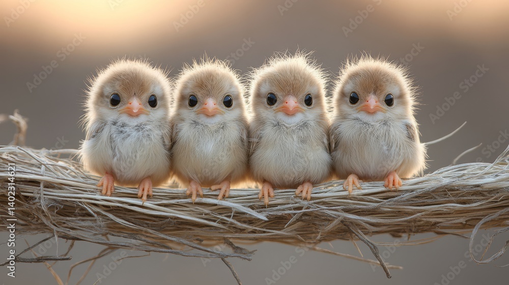 Obraz premium Four adorable baby birds nestled in a straw nest.