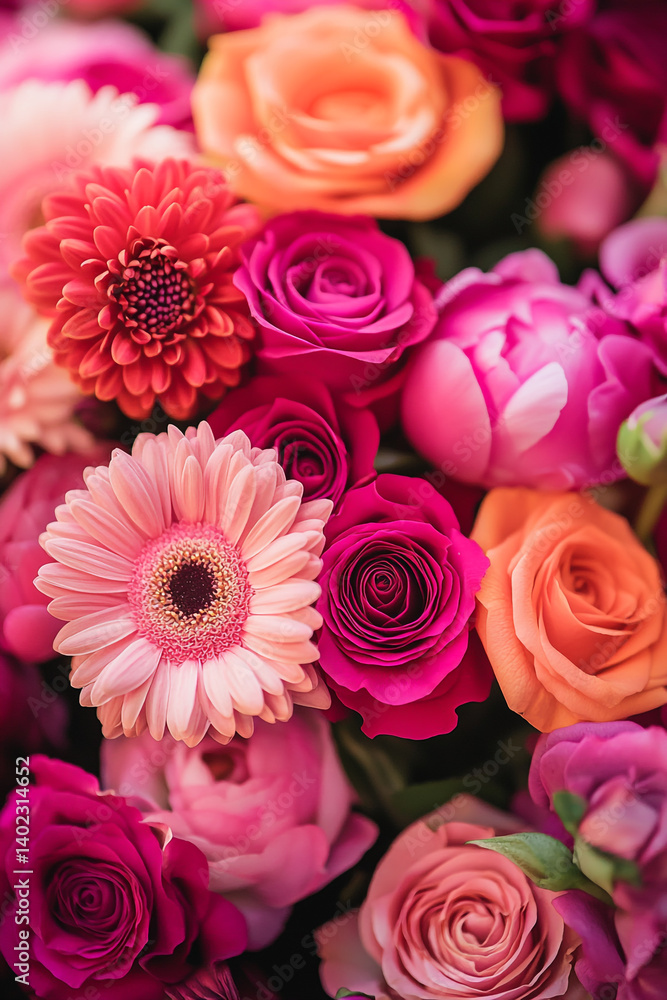 Obraz premium Close-up of bright pink and fuchsia roses, gerbera daisies, alstroemeria magnolias.