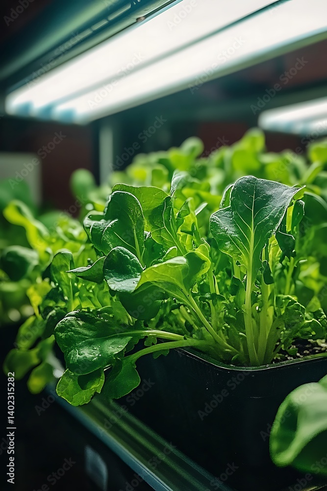 Vibrant Green Leafy Vegetables Growing Under Artificial Light in an Indoor Farm Setting Vibrant Green Leafy Vegetables Growing Under Artificial Light in an Indoor Farm Setting
