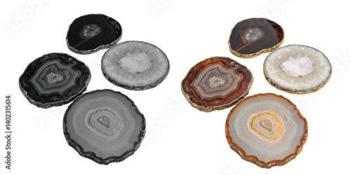 Natural Agate Coasters isolated on white, a metallic set of circle objects