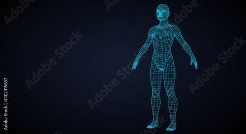 Digital Human Body Wireframe Standing in Full View on Dark Background Demonstrating Technology and Health Sciences