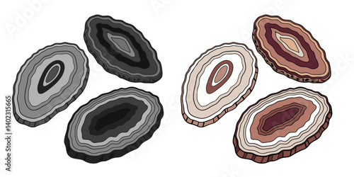 Natural Agate Coasters isolated on white, a metallic set of circle objects